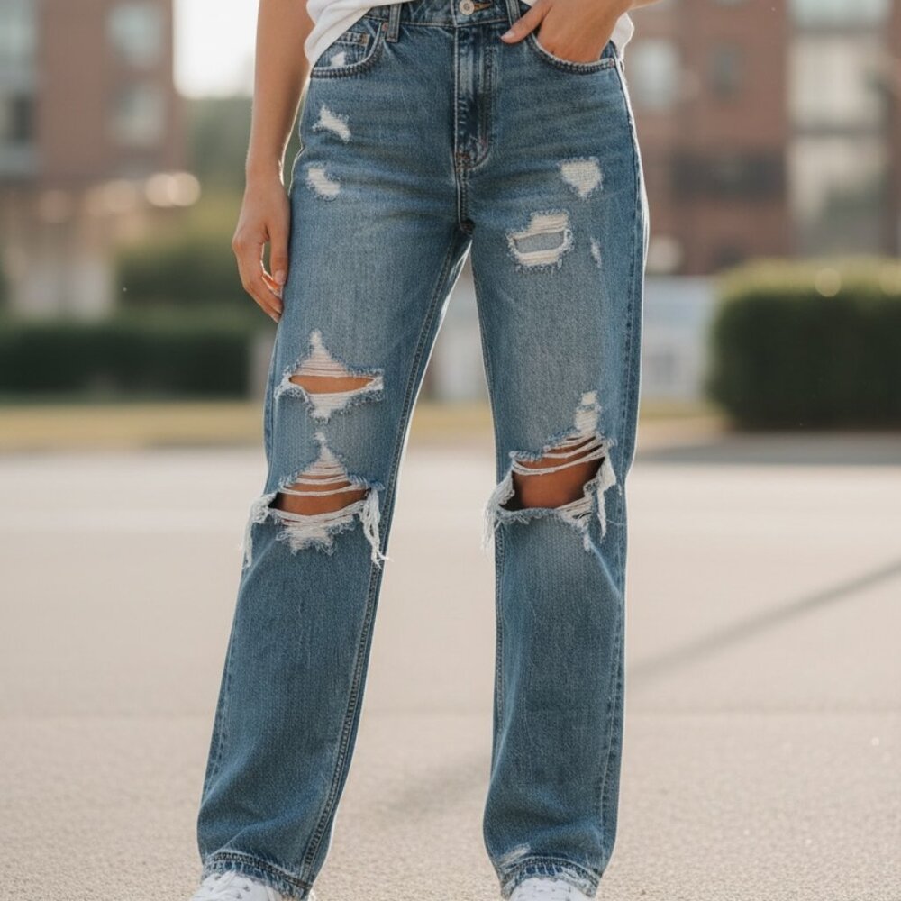 FREE PEOPLE WE THE FREE CRVY Straight Shooter Distressed Jeans - Sz 27
